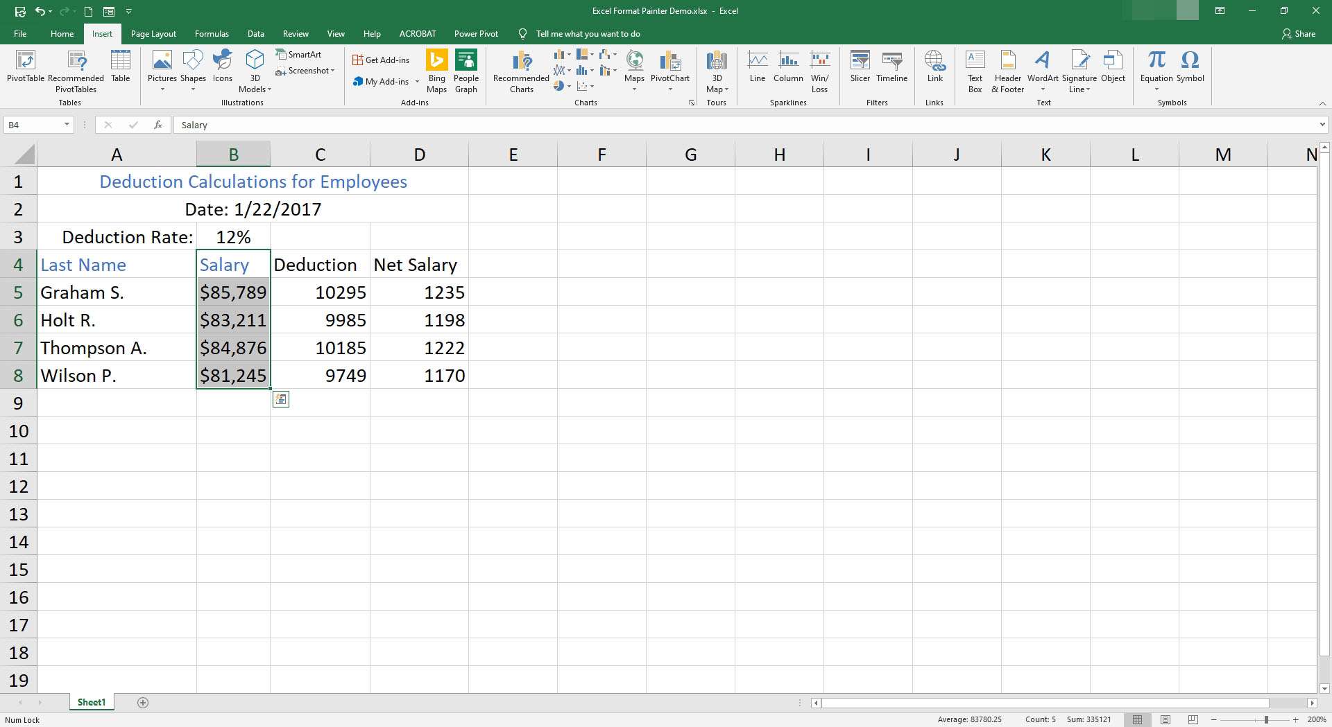 Buňky B4 až B8 jsou vybrány v Excelu.