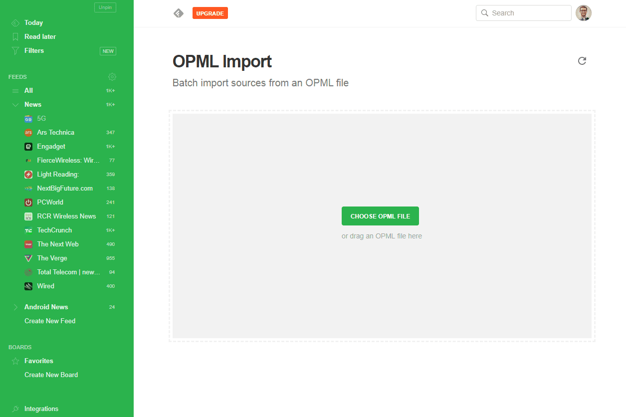 Stránka importu OPML na Feedly