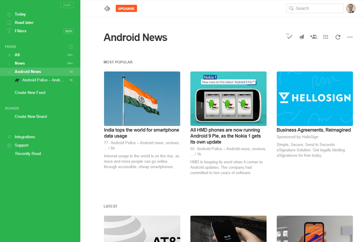 Informační kanál pro Android v Feedly