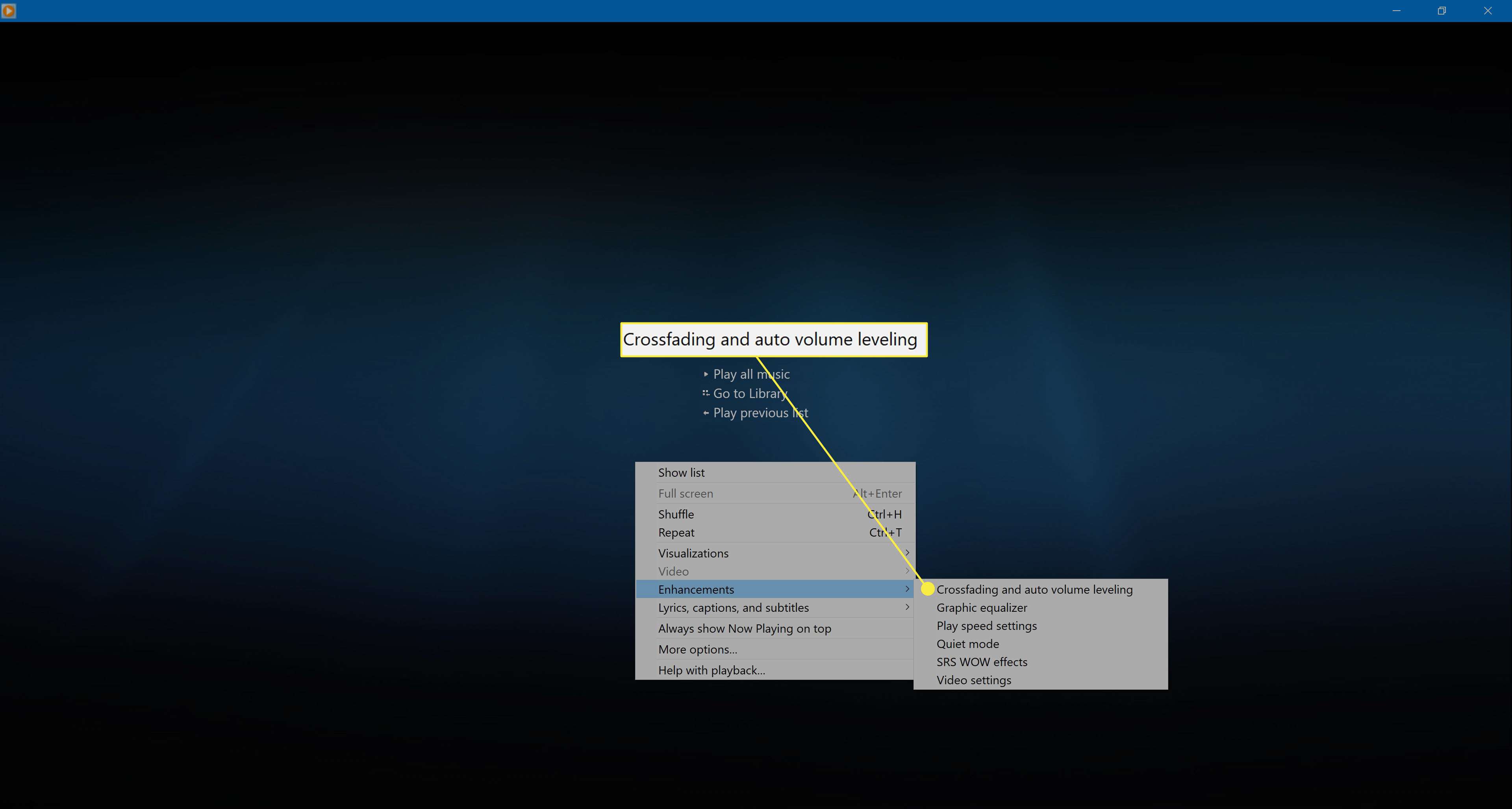 Výběr možností křížení a automatického vyrovnávání v programu Windows Media Player 12.