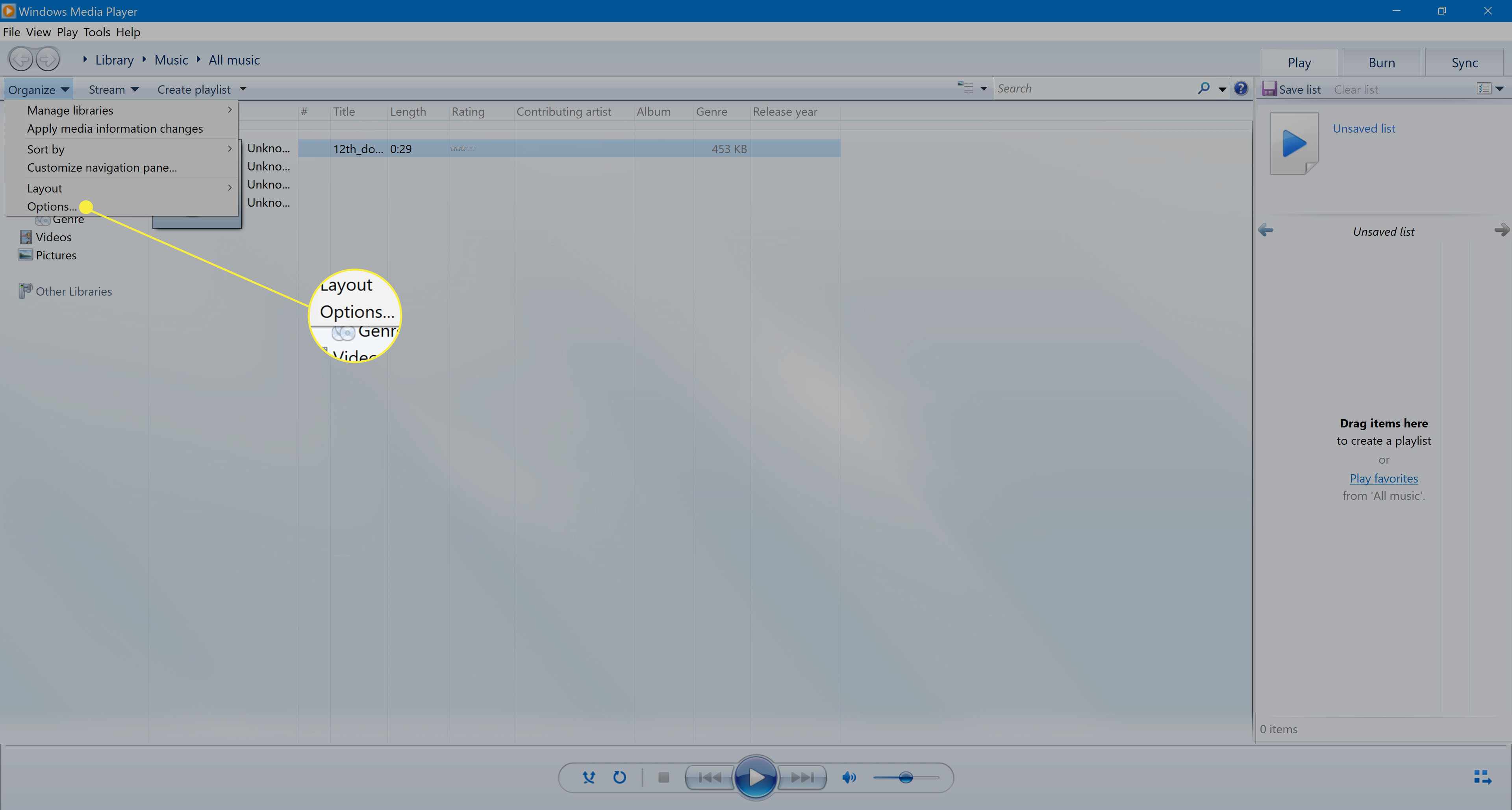 Výběr možností v programu Windows Media Player 12.
