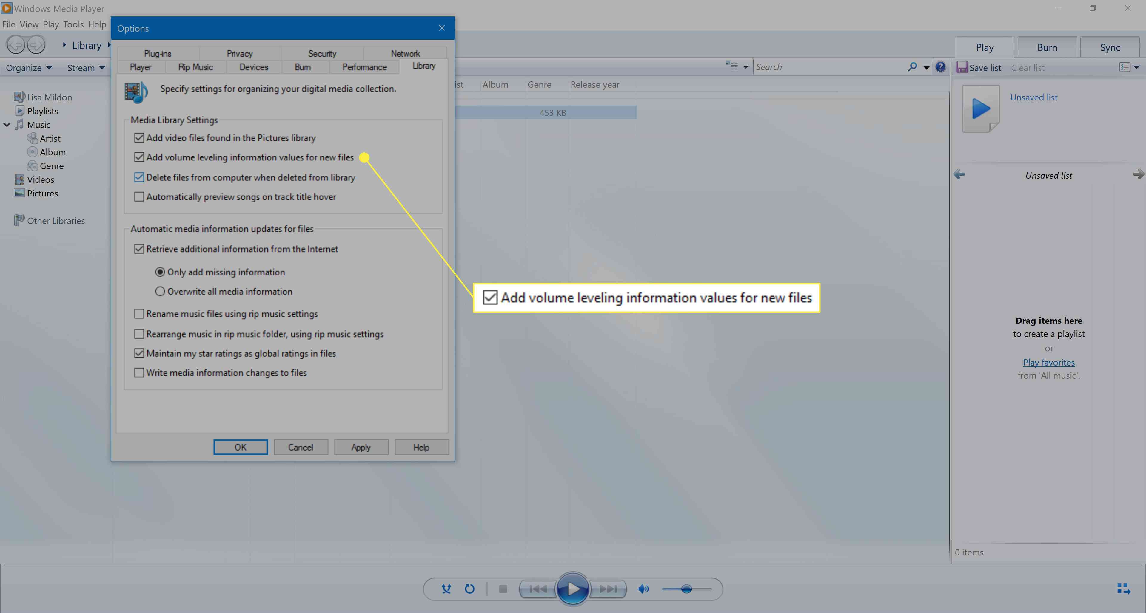 Volba Přidat hodnoty informací o úrovni hlasitosti pro nové soubory v programu Windows Media Player 12.