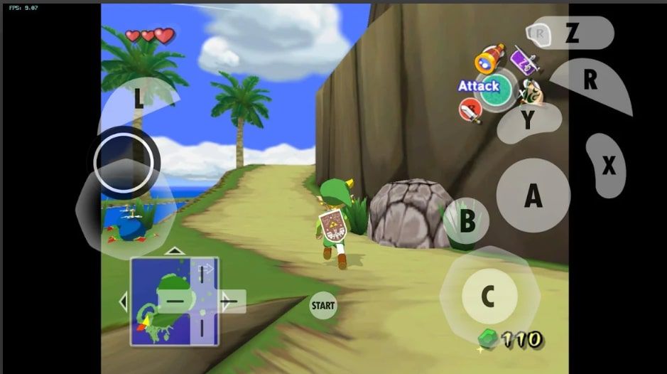 Legend of Zelda: Wind Waker běžící v Dolphin Emulatoru pro Android.