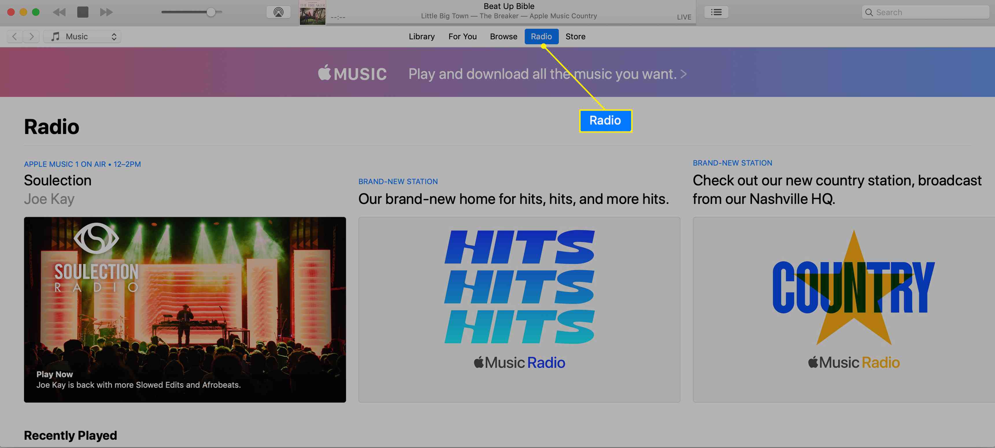 Rádio Apple Music na iTunes se zvýrazněným Rádiem