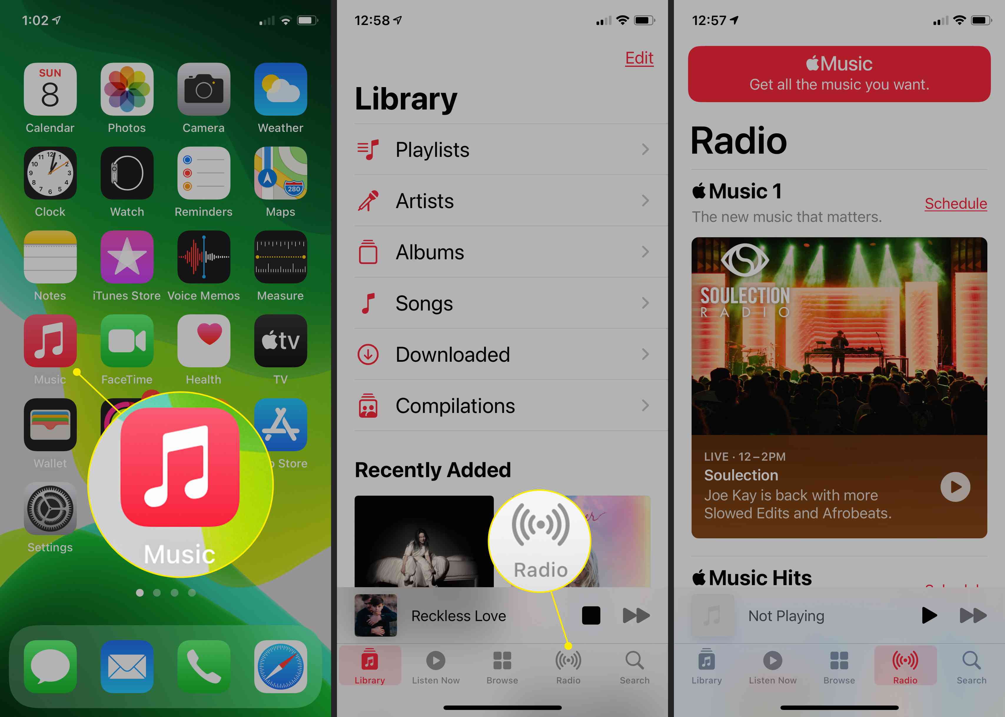 Aplikace Hudba v iOS se zvýrazněným Rádiem