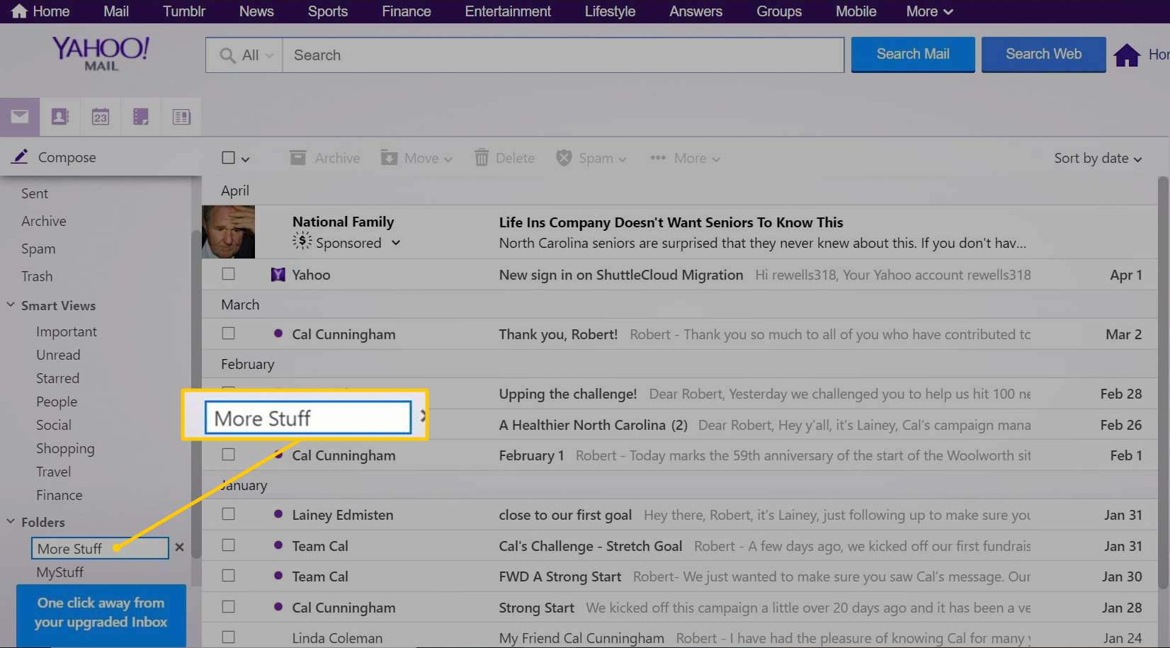 Pojmenování nové složky v Yahoo Mail basic
