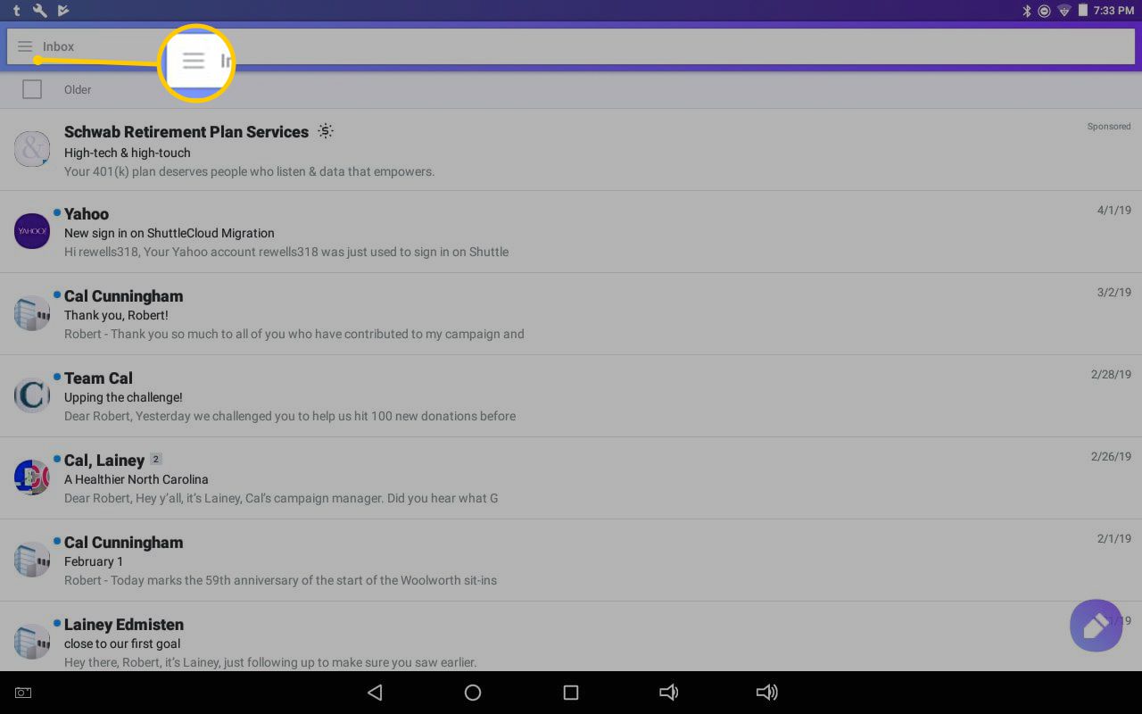 Tlačítko Hamburger v aplikaci Yahoo Mail pro Android