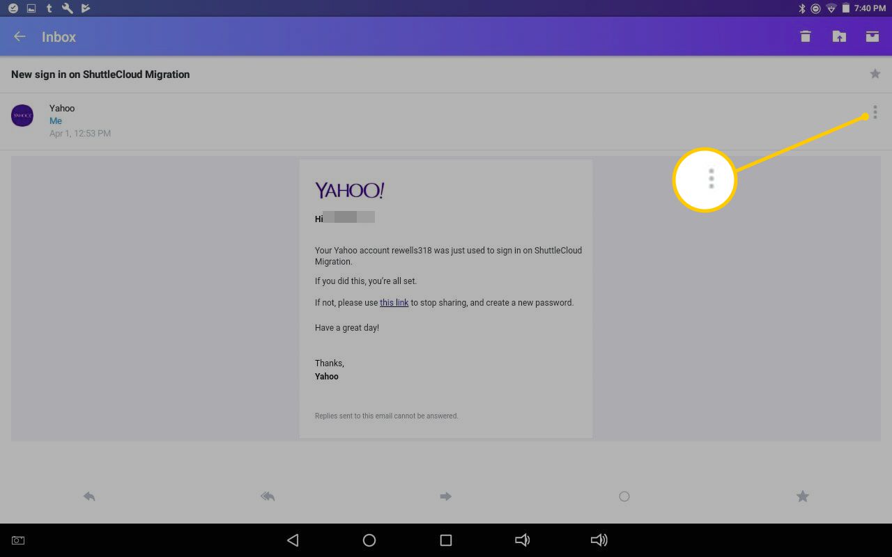 Tři svislé tečky v Yahoo Mail pro Android