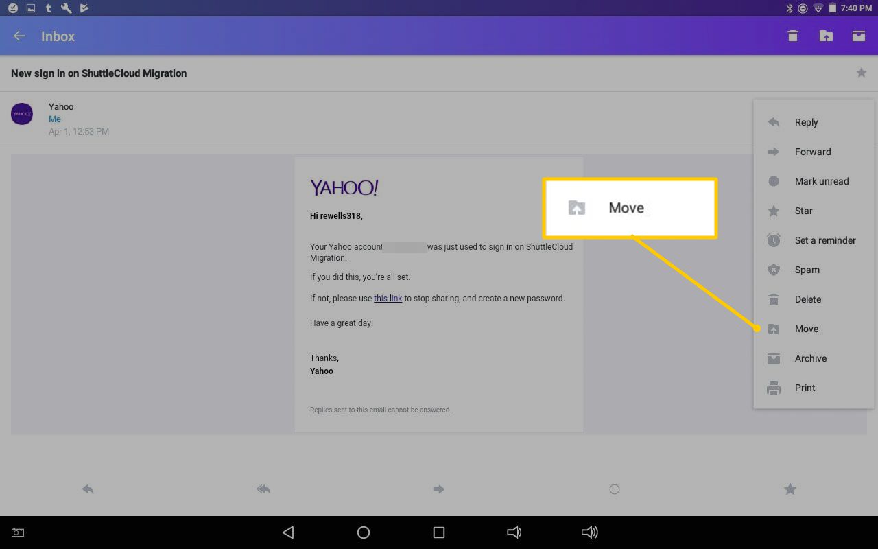 Přesunout položku nabídky v Yahoo Mail pro Android