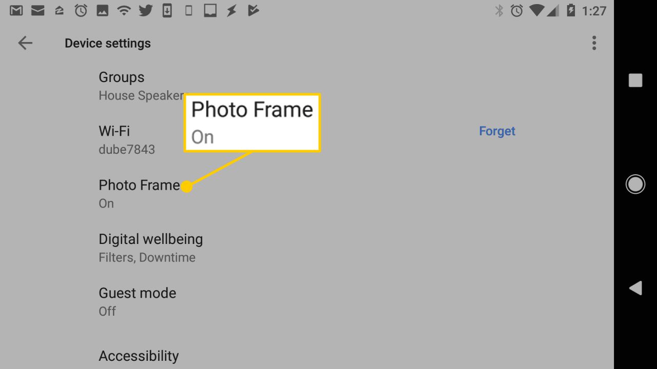 Stránka nastavení zařízení Google Home s vybraným fotorámečkem