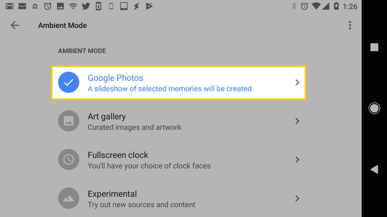 Obrazovka nastavení Ambient Mode s vybranými Google Photos