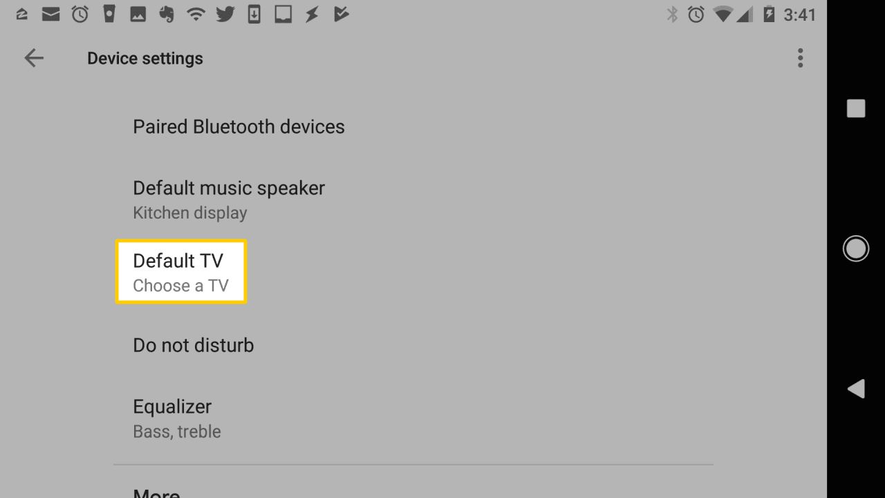 Stránka nastavení zařízení Google Home Hub s vybranou výchozí televizí