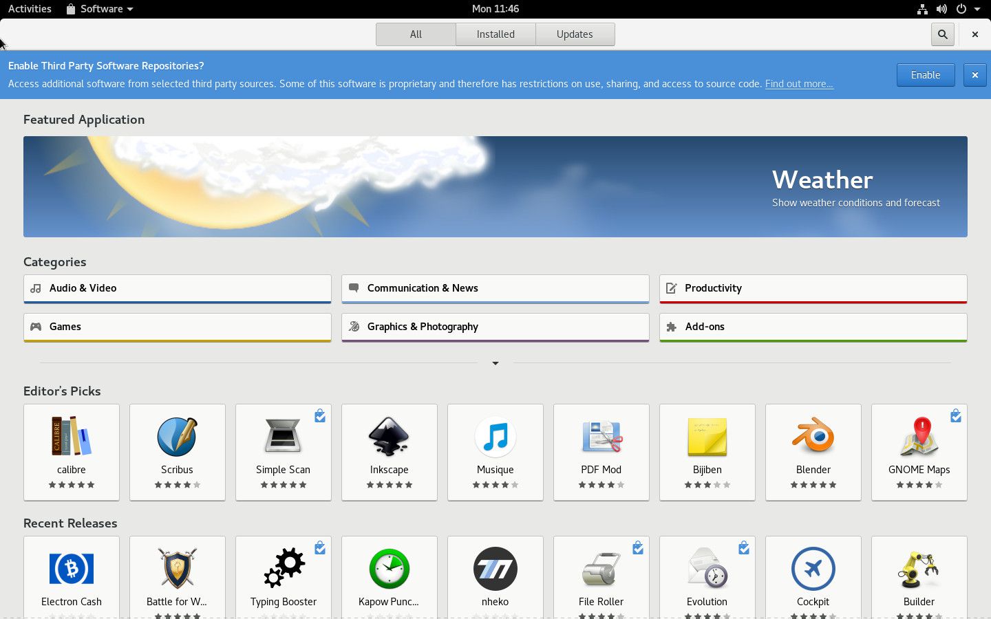 Snímek obrazovky softwarového centra GNOME na Fedoře