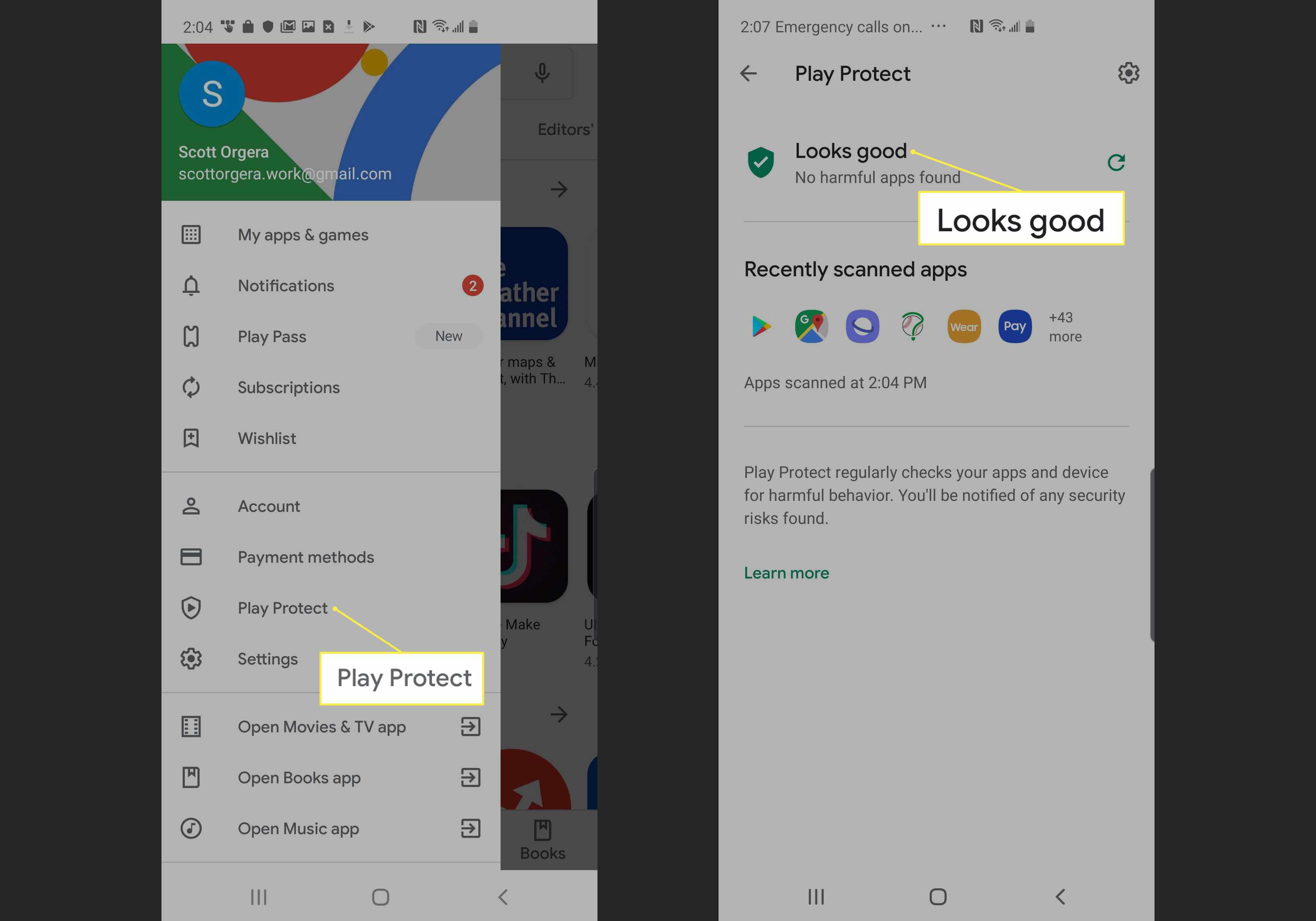 Nabídka Obchodu Google Play a stav Google Play Protect