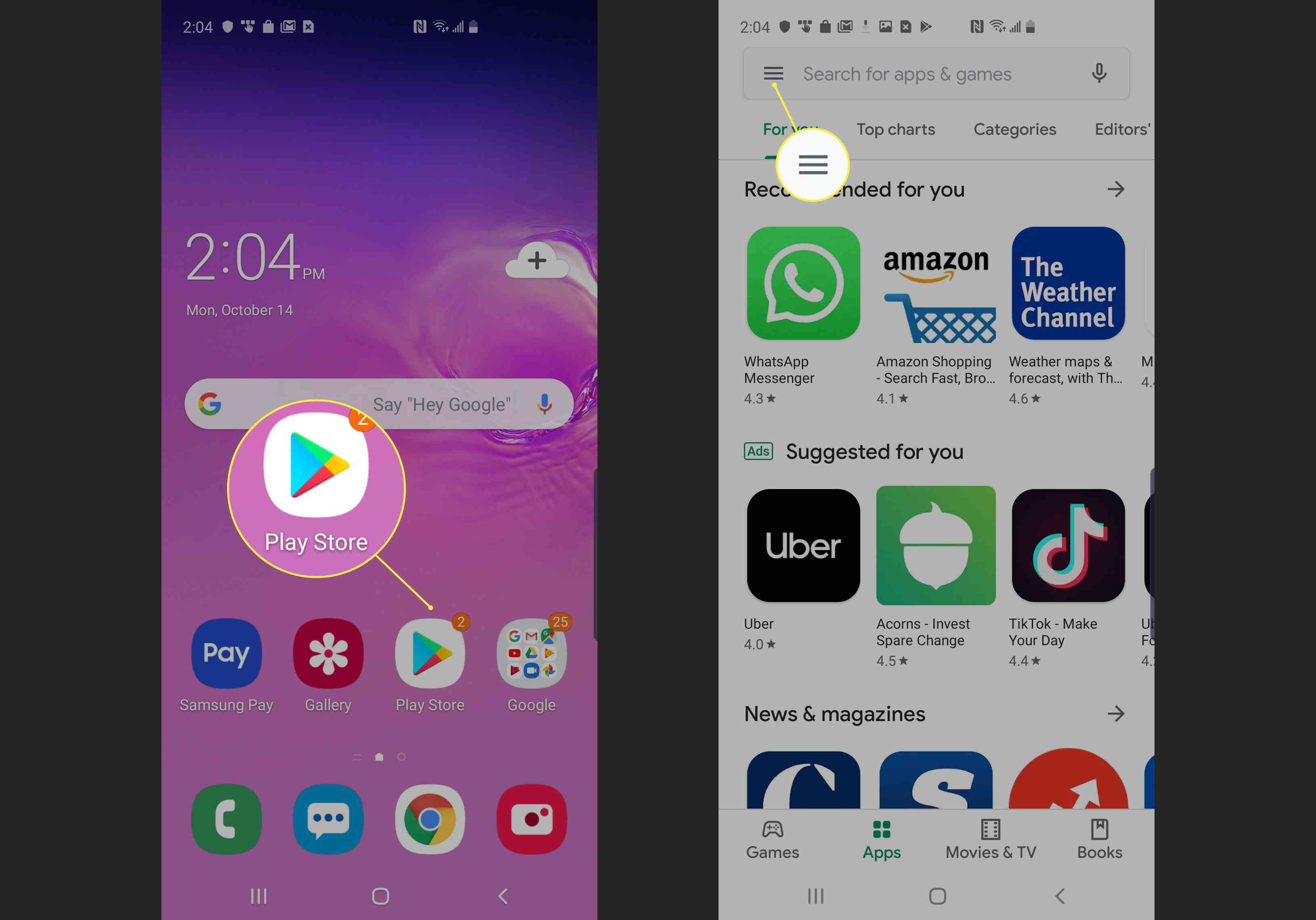 Domovská obrazovka Androidu s ikonou Obchodu Play a ikonou nabídky