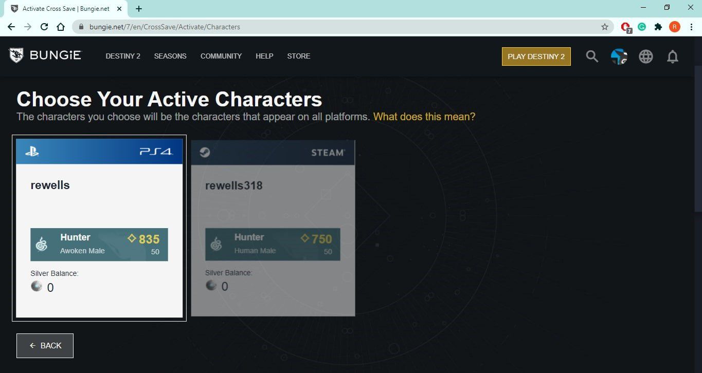 Vyberte jednu platformu jako svůj hlavní účet pro Destiny 2.