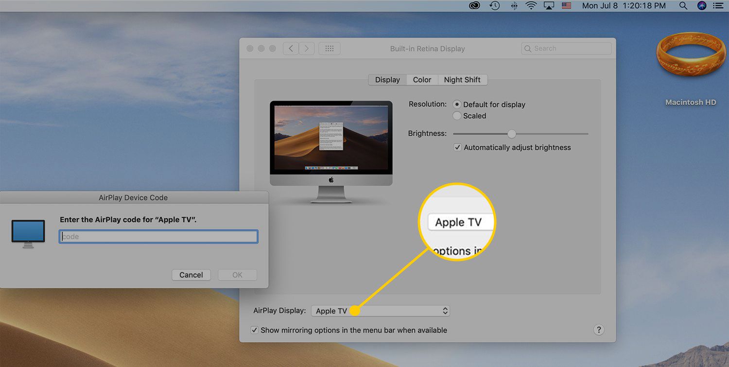 Nabídka AirPlay Display v nastavení na macOS
