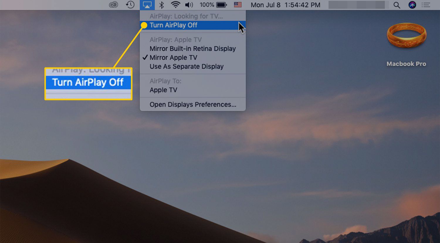 V systému macOS vypněte příkaz AirPlay Off