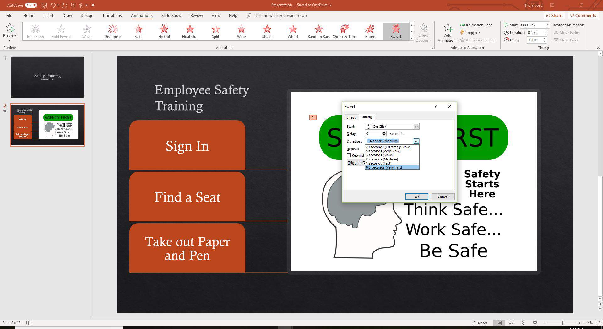 Snímek obrazovky aplikace PowerPoint zobrazující rozevírací nabídku Trvání v dialogovém okně Možnosti efektu.
