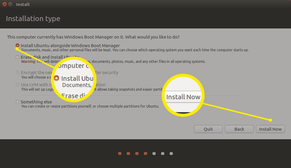 Zvolte Nainstalovat Ubuntu vedle Správce spouštění systému Windows a vyberte Instalovat nyní.