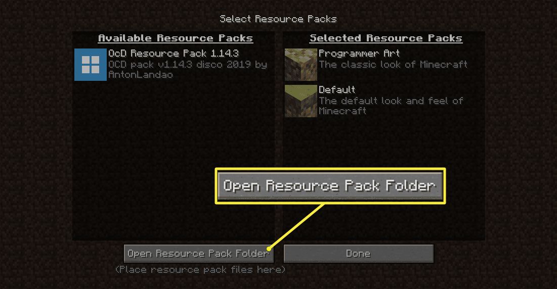Tlačítko Otevřít složku Resource Pack