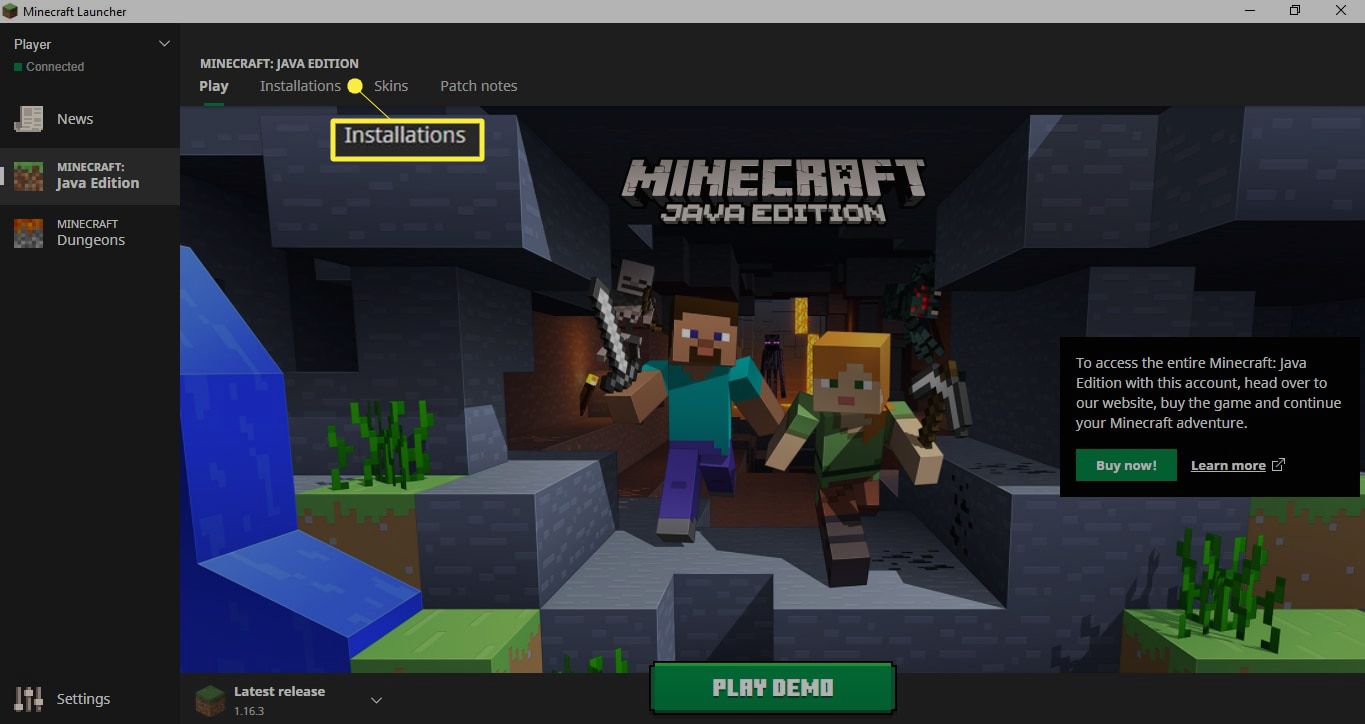 Otevřete spouštěč Minecraftu a vyberte Instalace.