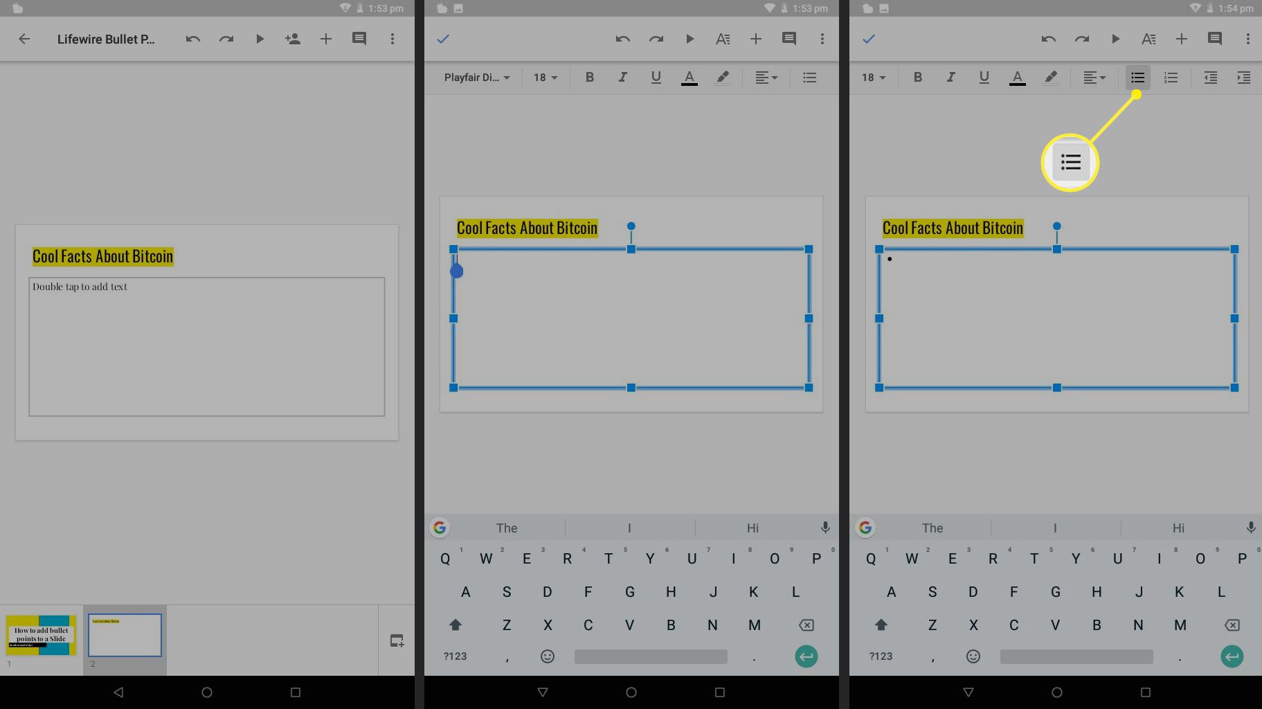 Aplikace Google Slides pro Android s ikonou odrážky
