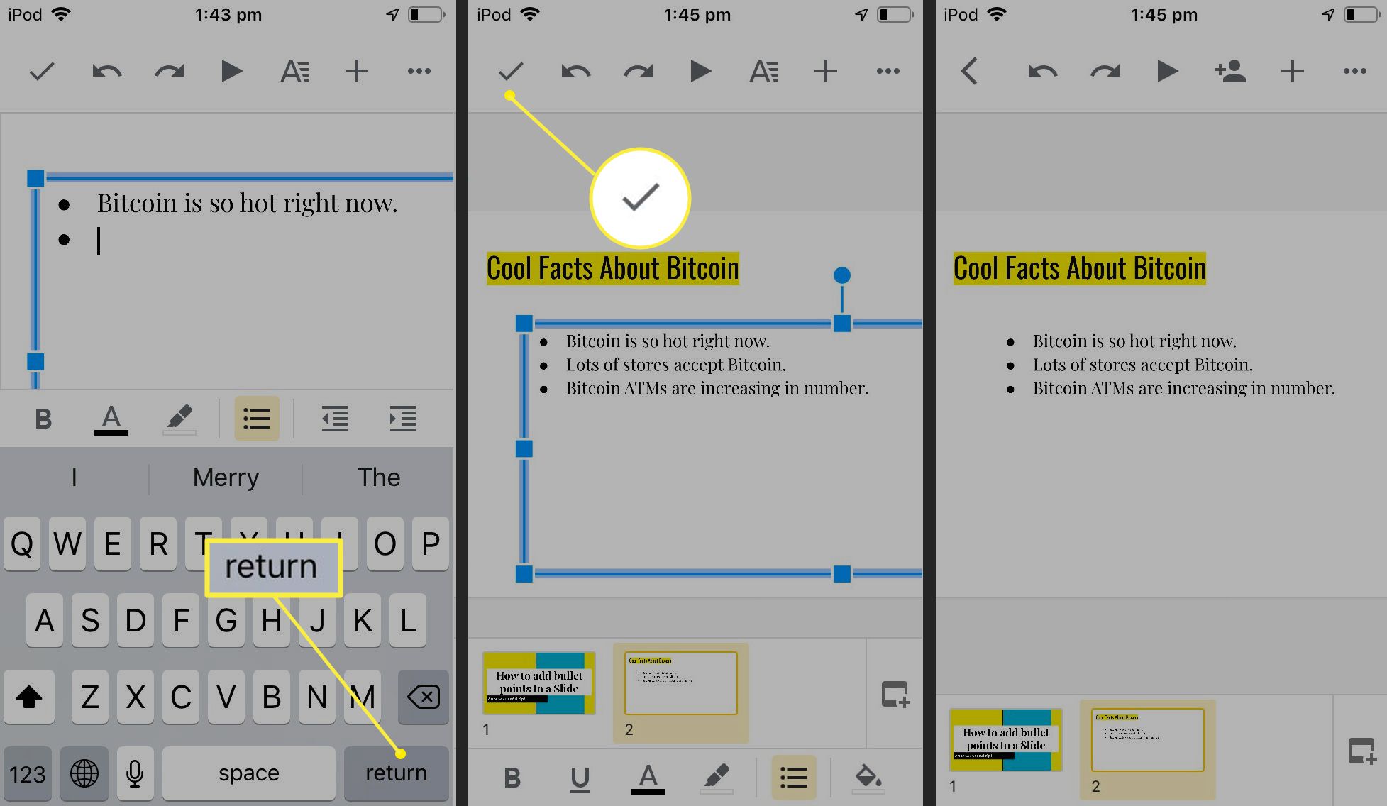 Aplikace Google Slides pro iOS s možností odrážky