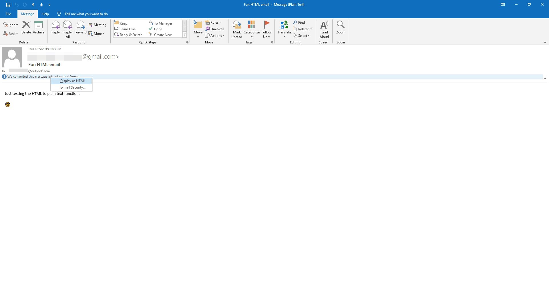 Zobrazení e -mailu jako HTML v aplikaci Outlook.