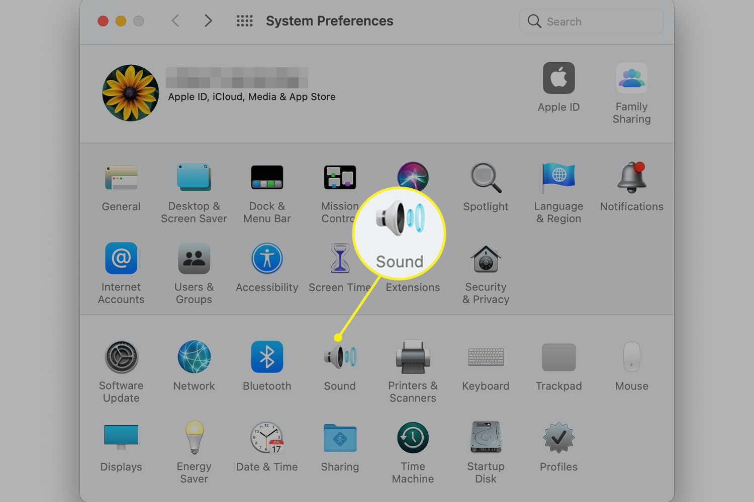 Předvolby systému Mac se zvýrazněnou ikonou Zvuk