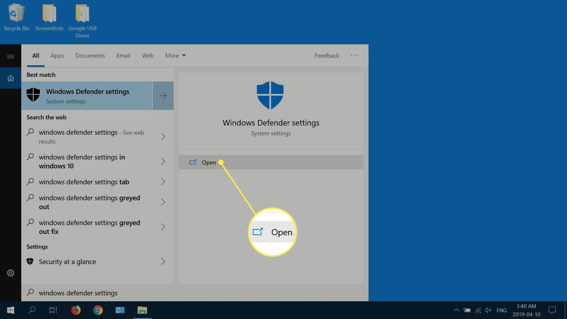 Do vyhledávání systému Windows zadejte nastavení programu Windows Defender a po naplnění výsledků vyberte Otevřít.