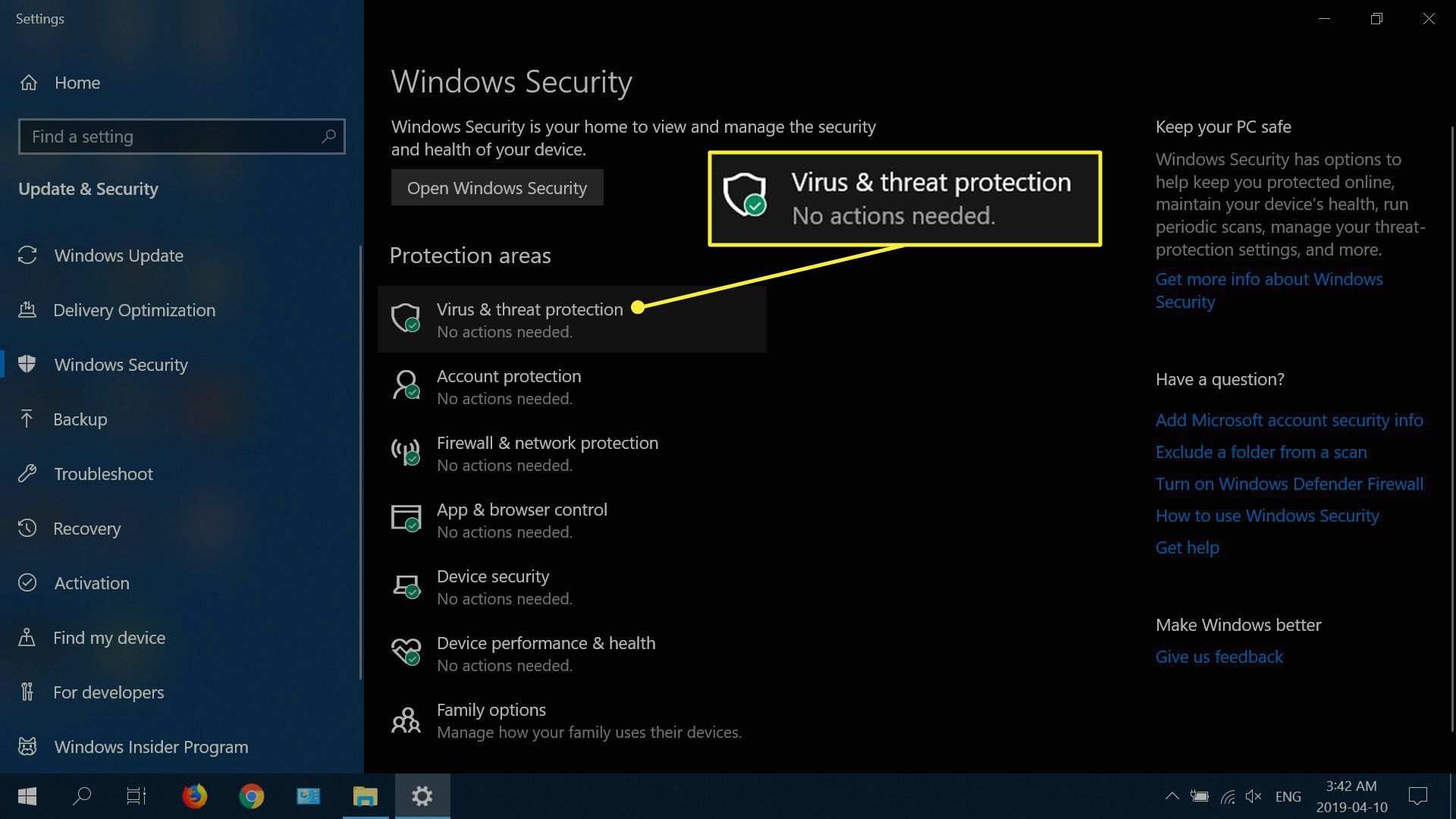 V možnostech zabezpečení Windows pro Windows 10 vyberte Ochrana před viry a hrozbami.