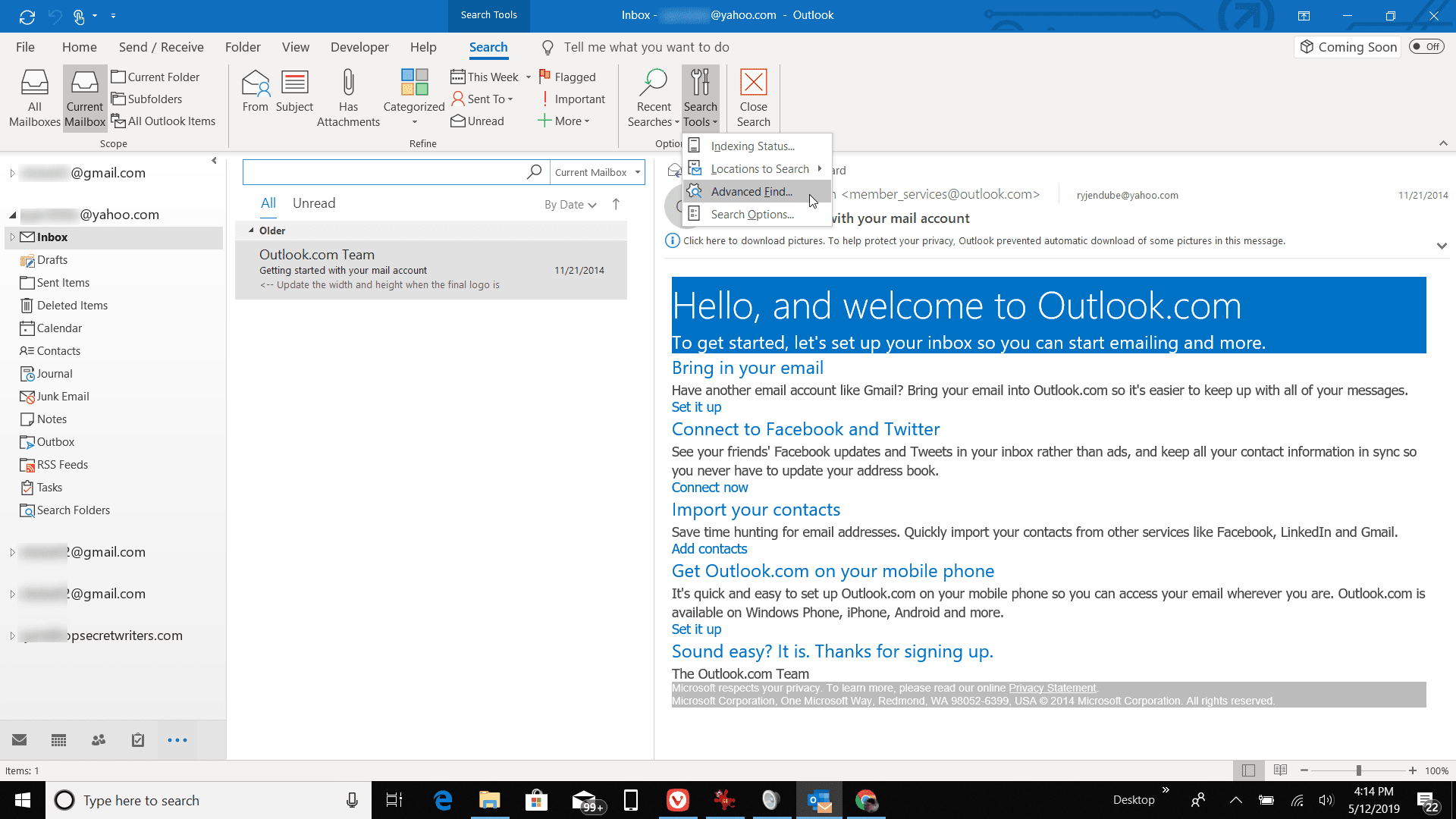 Snímek obrazovky Vyhledávacích nástrojů v aplikaci Outlook