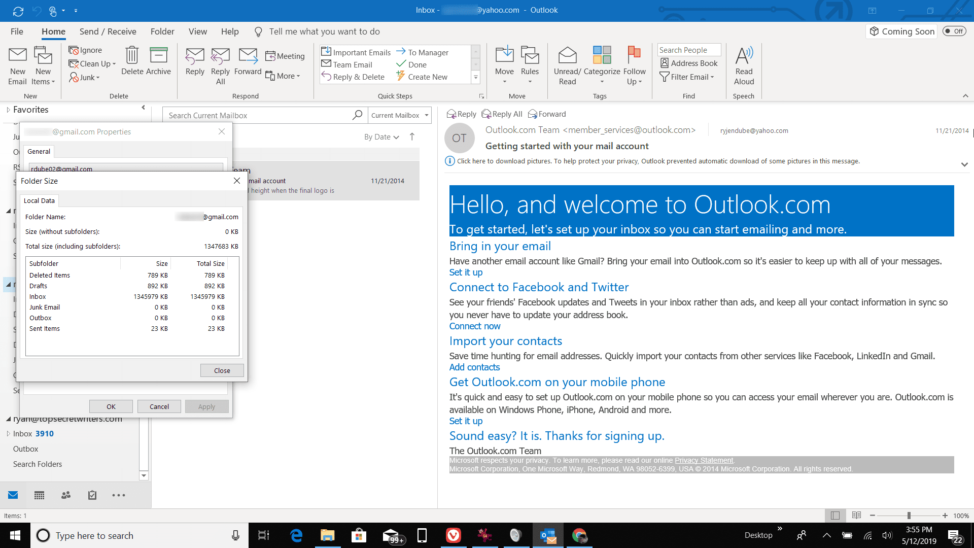 Screenshot okna velikosti složky v Outlooku
