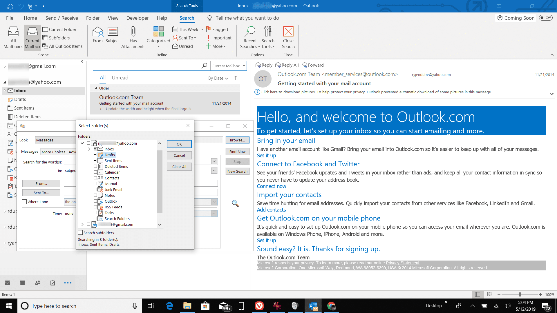Snímek obrazovky s výběrem složek v aplikaci Outlook