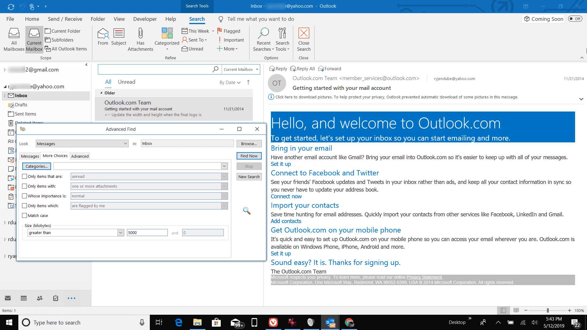 Snímek obrazovky Pokročilého hledání v aplikaci Outlook
