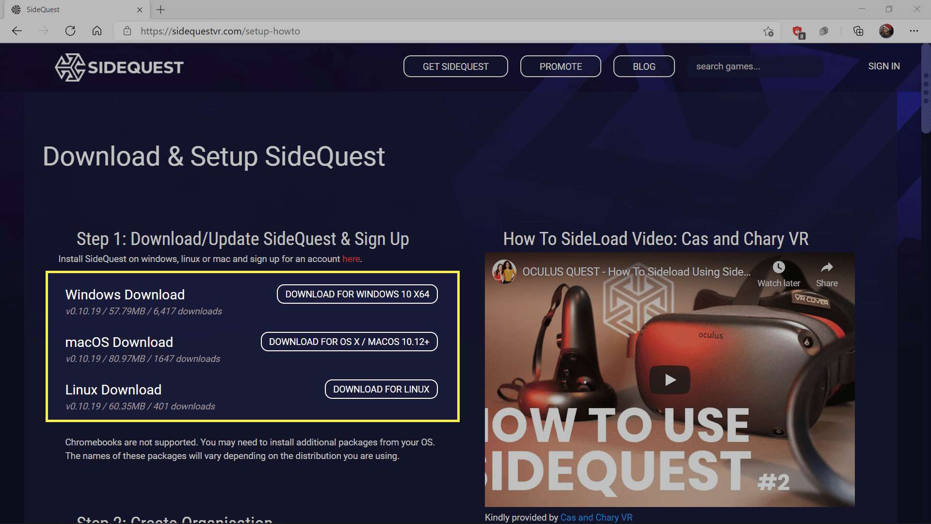 Stránka pro stahování SideQuest se zvýrazněnými možnostmi stahování