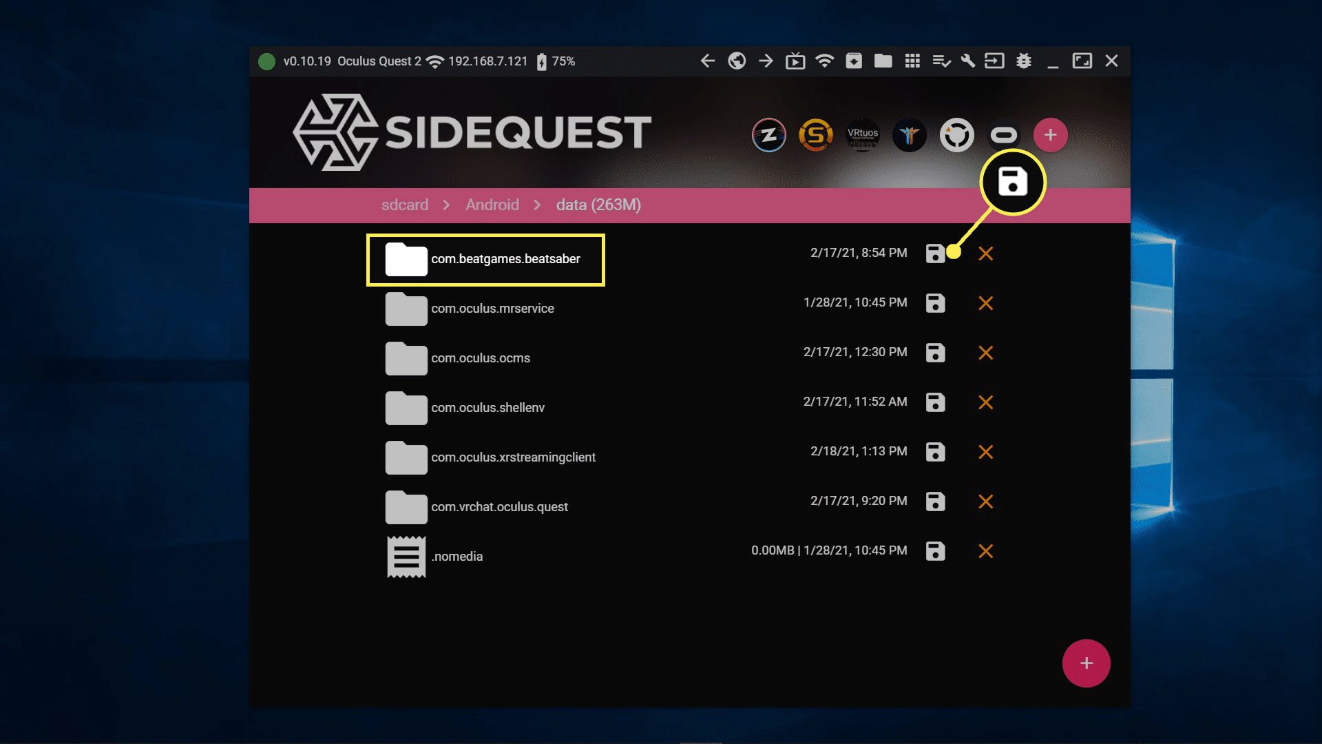 Nainstalované aplikace uvedené v SideQuestu.