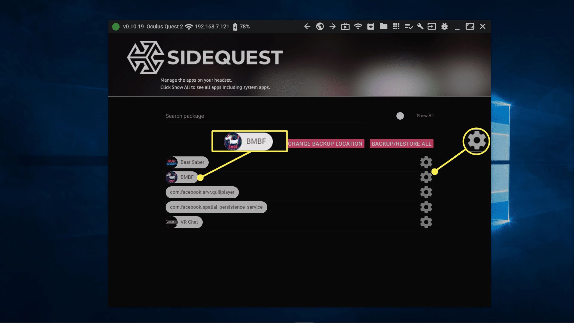 Aplikace v SideQuestu se zvýrazněnou ikonou ozubeného kola