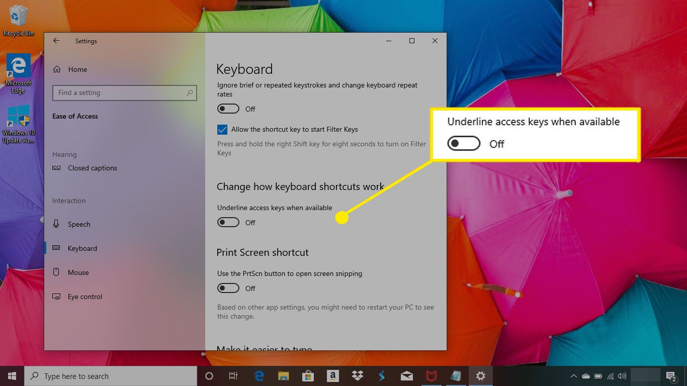 Nabídka Snadné použití klávesnice v systému Windows 10 se zvýrazněnou položkou „Podtrhnout přístupové klávesy, jsou -li k dispozici“
