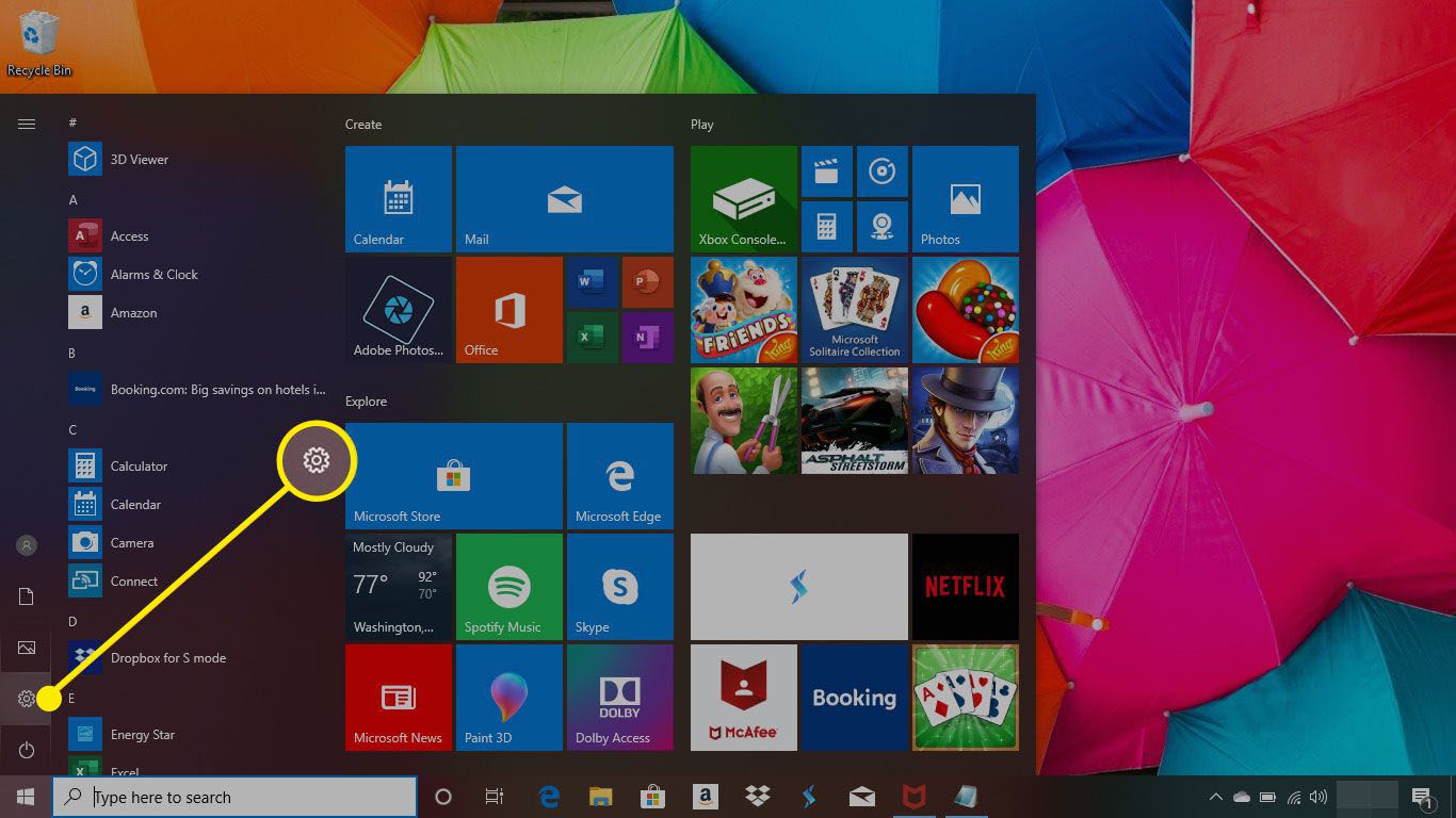 Nabídka Start ve Windows 10 se zvýrazněným tlačítkem Nastavení