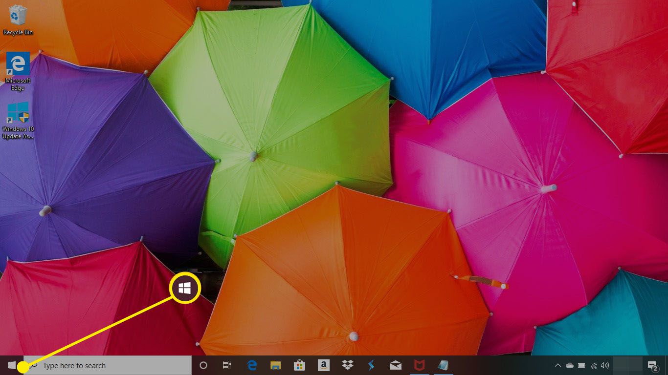 Pracovní plocha Windows 10 se zvýrazněnou nabídkou Start