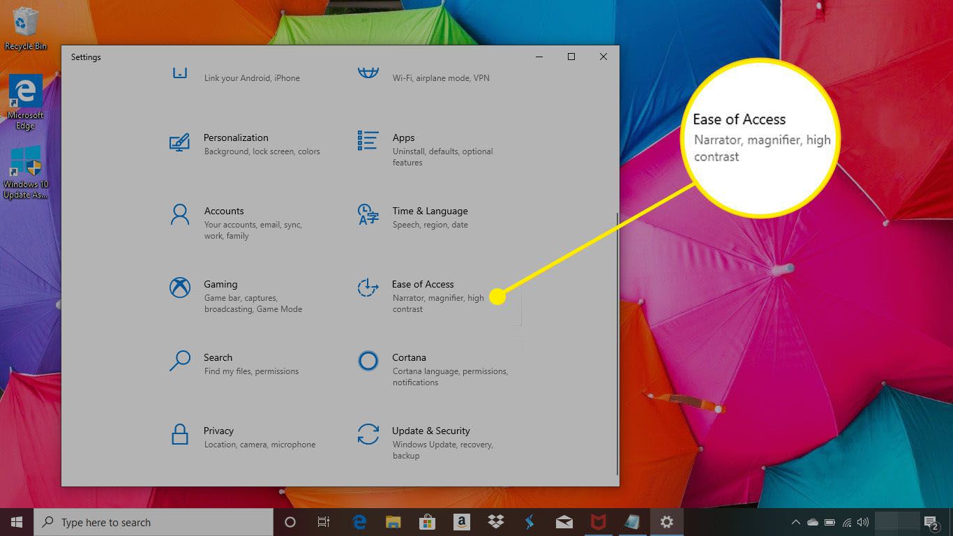 Nastavení Windows 10 se zvýrazněnou nabídkou Usnadnění přístupu