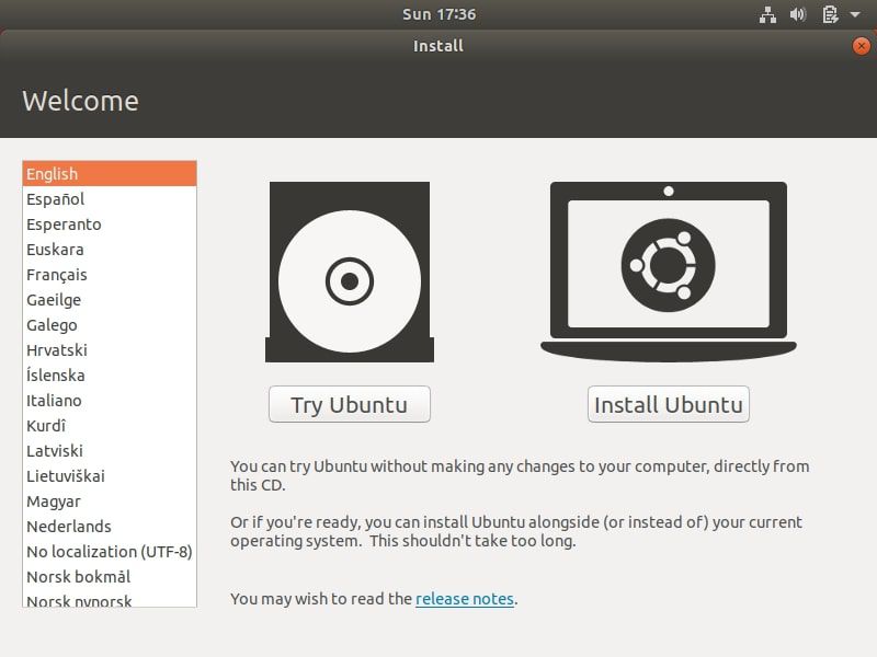 Vyberte Instalovat Ubuntu