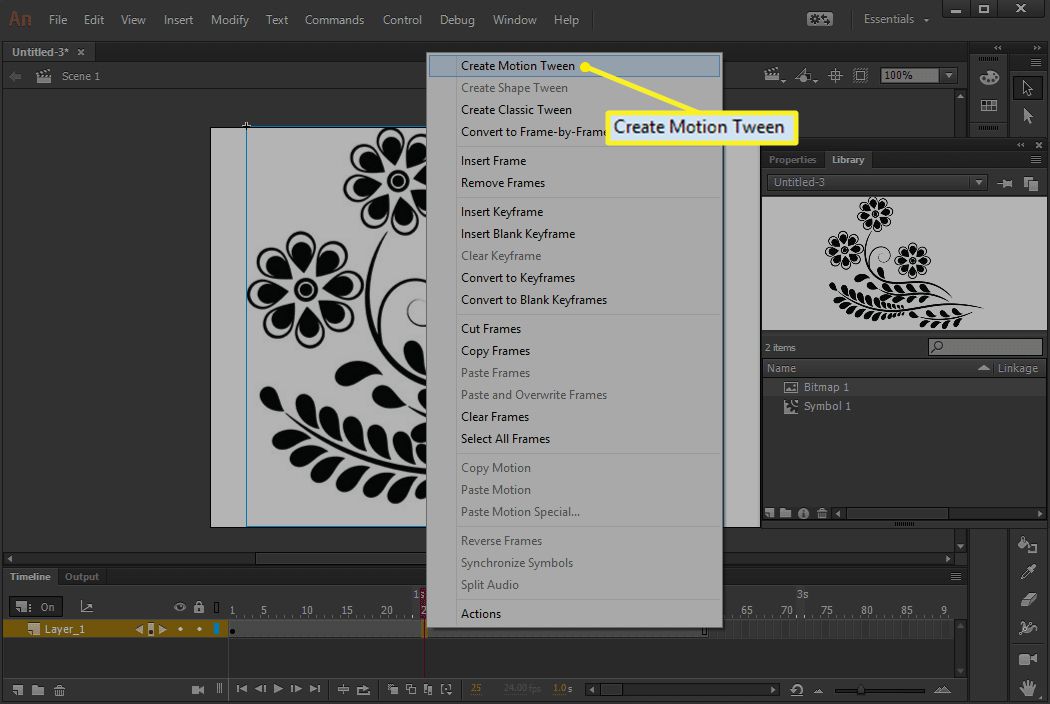 Vytvořit Motion Tween vybrané v Adobe Animate CC