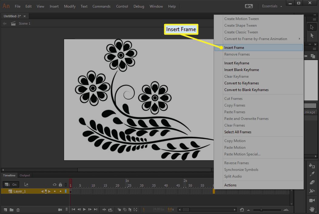 Adobe Animate CC se zvýrazněným Vložit rámeček