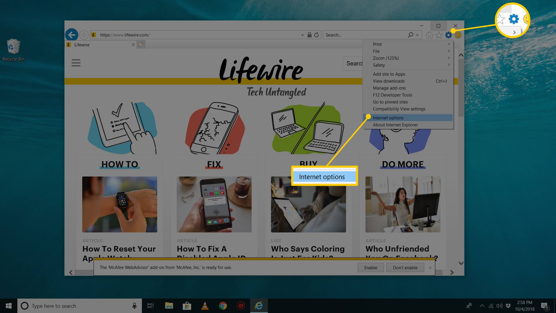 Tlačítko Nástroje a položka nabídky Možnosti Internetu ve Windows 10 Internet Explorer