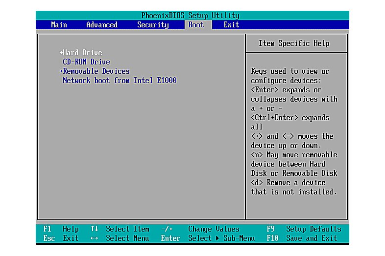 Snímek obrazovky spouštěcí nabídky nástroje BIOS Setup Utility