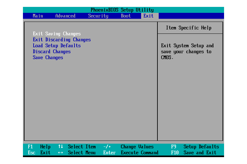 Screenshot nástroje BIOS Setup Utility Ukončit nabídku