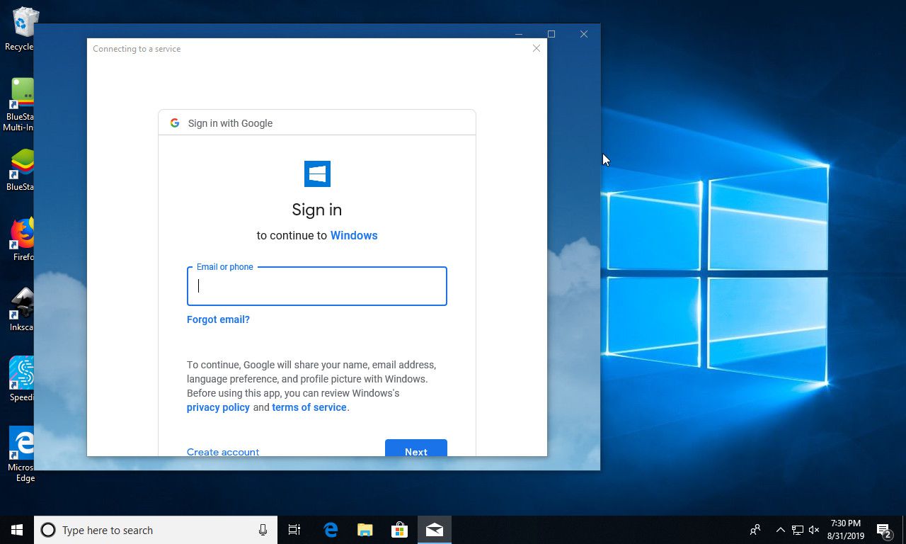 Přihlašovací okno v programu Windows Mail